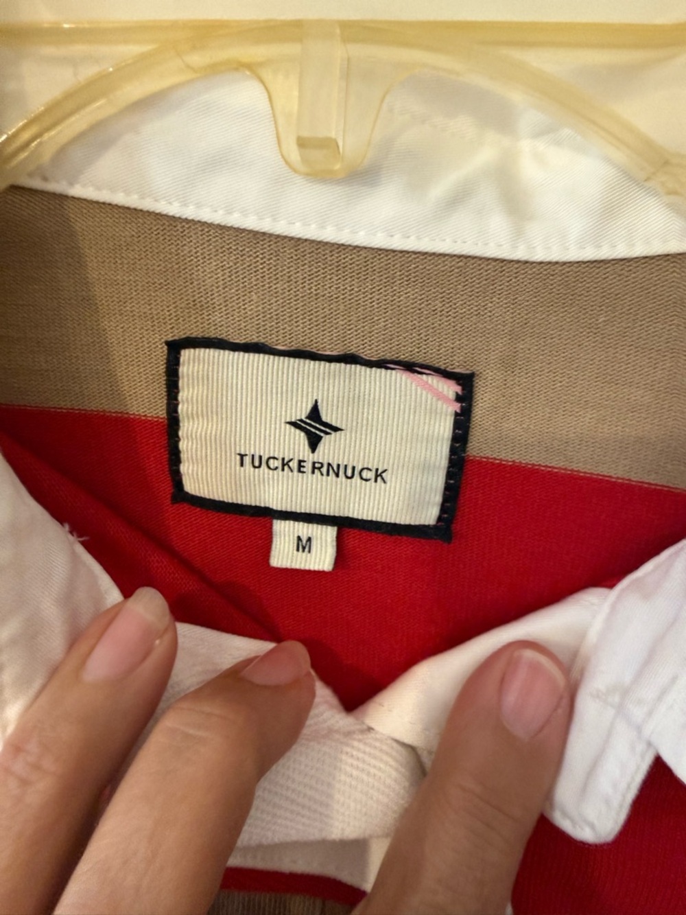 Tuckernuck Red and Tan Striped Rugby Top with White Collar - Picture 2 of 5